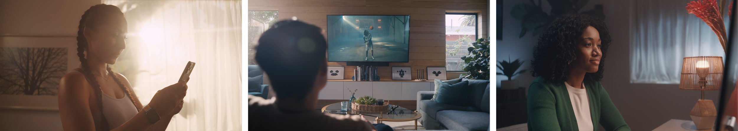 Three photos showing people engaged in indoor activities. The first person, a young woman with braided hair, is looking at her phone in a warmly lit room. The second person, a man, is sitting on a couch watching a TV with a sports game in a modern living room with natural light. The third person, a woman with curly hair, is sitting pensively in a dimly lit room with a lamp on.