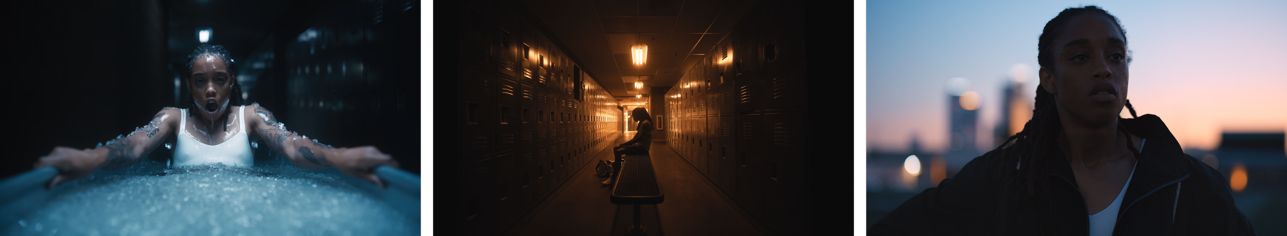 Three images: First shows a young girl in a swimming pool, second shows a girl sitting alone on a bench in a locker room, third shows a young woman outdoors during sunset.