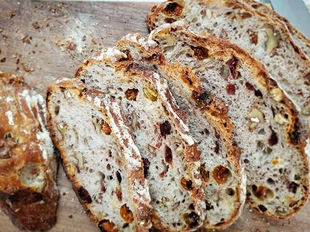 Harvest loaf. Loaded with walnuts and a combo of all the dried things left in the house: dates, golden berries (first time using and def. not last), cranberries and raisins. A true &quot;harvest&quot; of goods! Cue slathering of peanut butter and jam