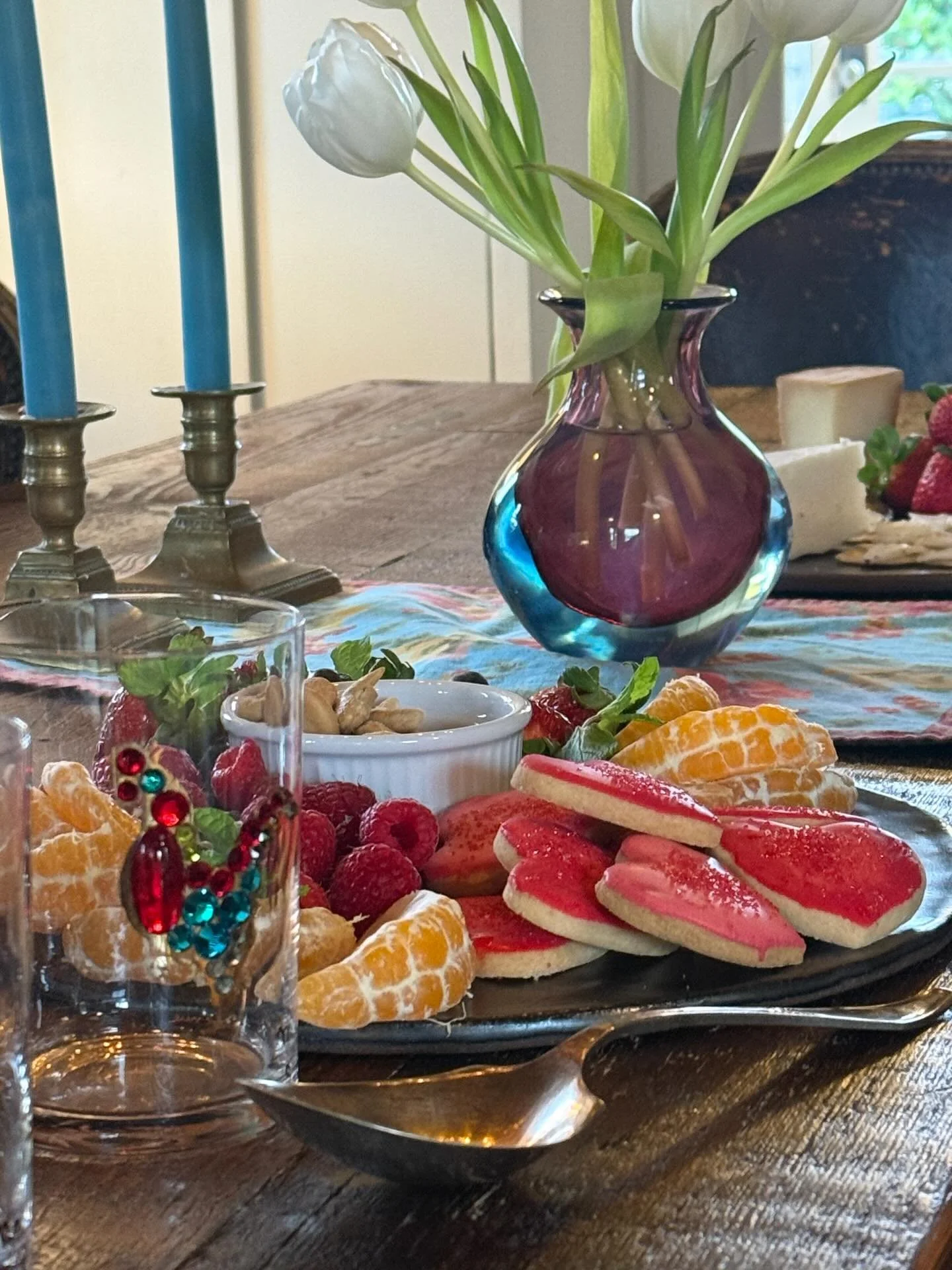 Girlfriends over for &rdquo;tea&rdquo; &hellip; we had mocktails instead courtesy of my husband who hand squeezed blood oranges and lemons then added a splash of ginger beer. Huge hit when served in my jewel encrusted glasses I picked up at an in per