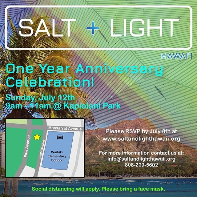 Come celebrate Salt + Light's one year anniversary in the park!  We will have some worship, a message, bento lunch and will have an opportunity to deliver God's message to our neighbors!  Don't forget to bring a beach chair or towel to sit on. 
Socia