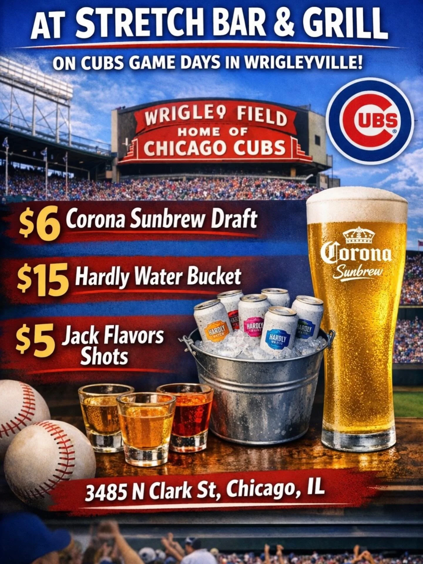 NEW GAME DAY SPECIALS ARE HERE! ⚾️🎉

$6 Corona Sunbrew drafts
$15 High Noon buckets
$5 Jack flavor shots

For a limited time only! This is the place to be on game day. 🍻

⏰ Open at 4:30PM 
⚾️ Cuba vs Angels at 6:40pm 

👉 https://www.stretchbarchic
