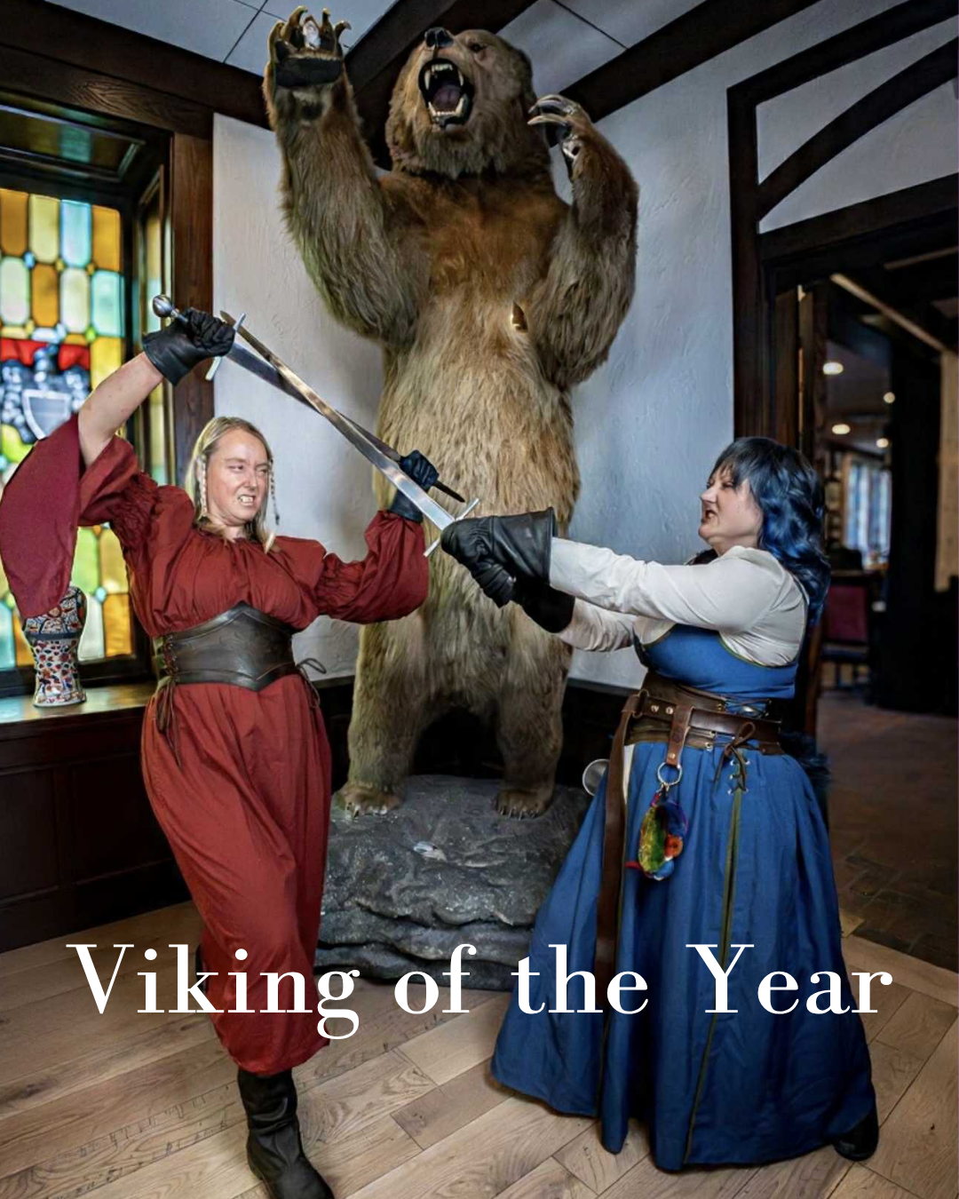 viking women dressed like Valkeries fighting with broadswords