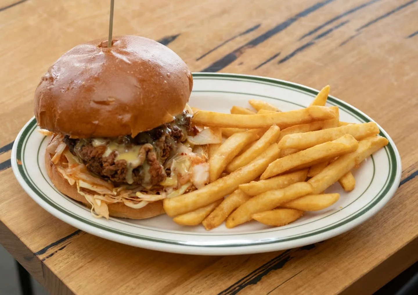 Have you heard the news? Our new spring menu is here!

Meet one of our latest additions, our Korean Fried Chicken Burger, with spiced tonkatsu&ndash;glazed chicken, cheese, crisp butter lettuce and gochujang mayo, all served with golden chips. 

It&r