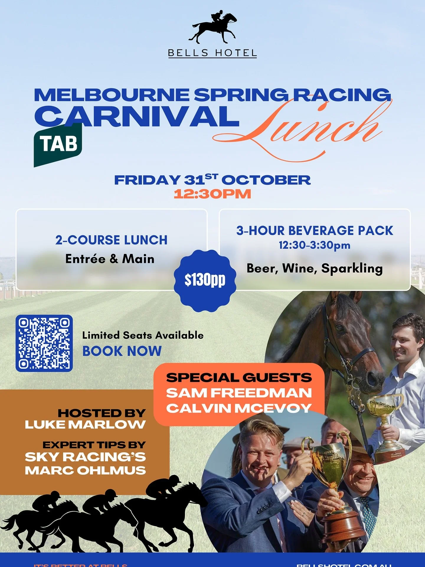 Where racing fever meets Friday lunch! 

Melbourne Cup winning trainer Sam Freedman, Caulfield Cup 2025 winner Calvin McEvoy, and Sky Racing&rsquo;s Marc Ohlmus make up an all-star line up for our Spring Racing Carnival hosted by Luke Marlow on Frida