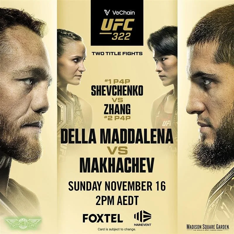 On Sunday 16 November, head to Bells for UFC 322 and two huge title fights!

Australia&rsquo;s own Jack Della Maddalena defends his Welterweight crown against Islam Makhachev, the former Lightweight champ moving up for glory.

Plus, Zhang Weili steps