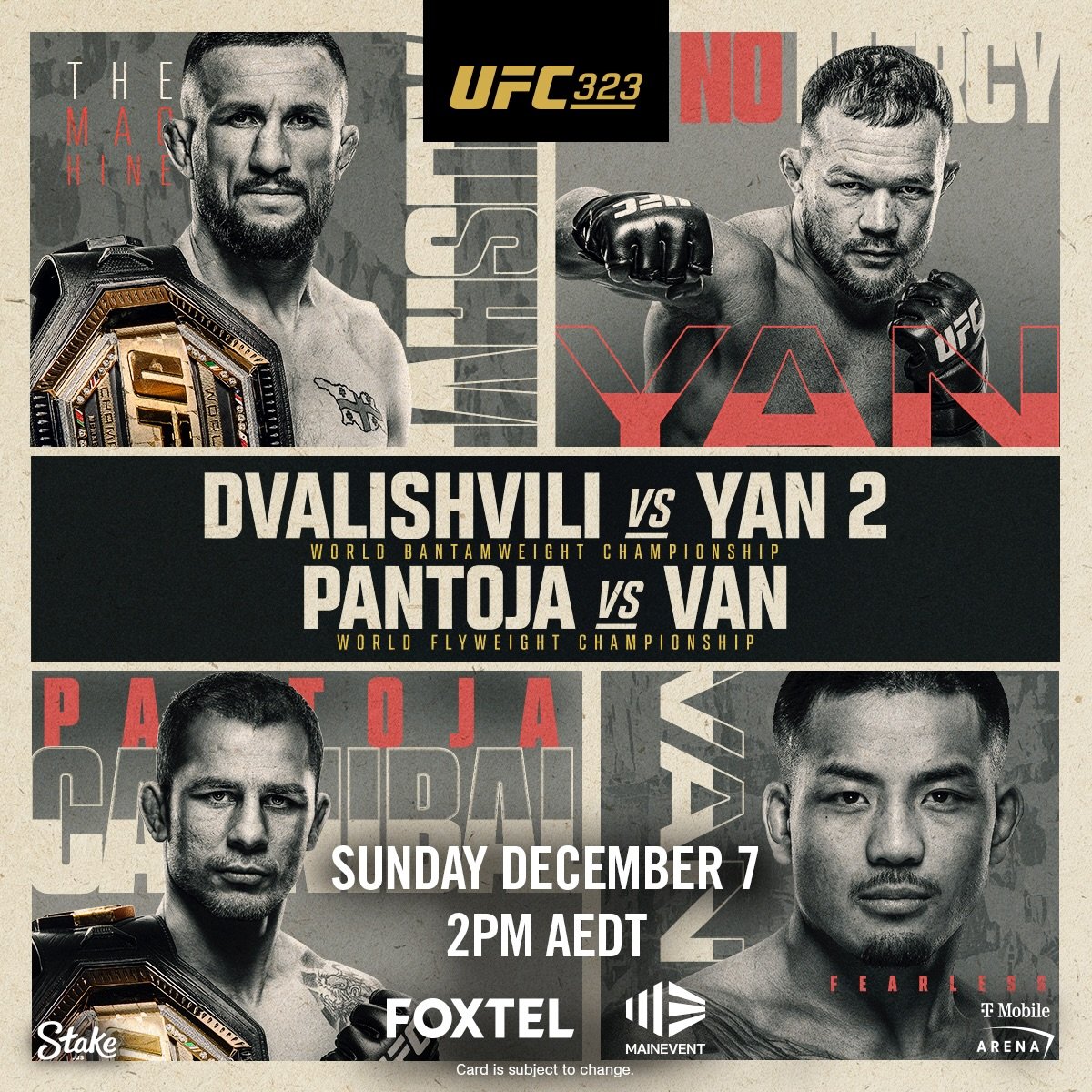 UFC 323 is coming to Bells Hotel on December 7, and we&rsquo;re showing every moment live and loud on the big screens!

This blockbuster card is headlined by Merab Dvalishvili and Petr Yan in a long-awaited rematch for the Bantamweight Title - will Y