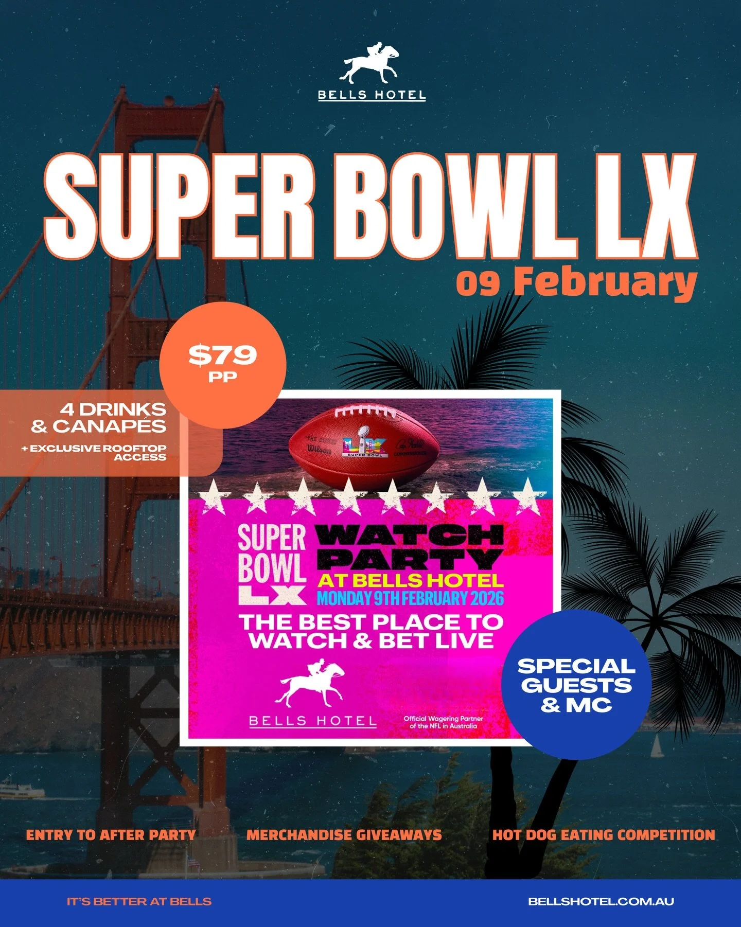 Get ready to watch Super Bowl LX loud, live and up on the rooftop at Bells Hotel. This party has sold out in past years, and once you&rsquo;re there, you&rsquo;ll understand why!

Catch every play live across our indoor and outdoor screens, fuel up o