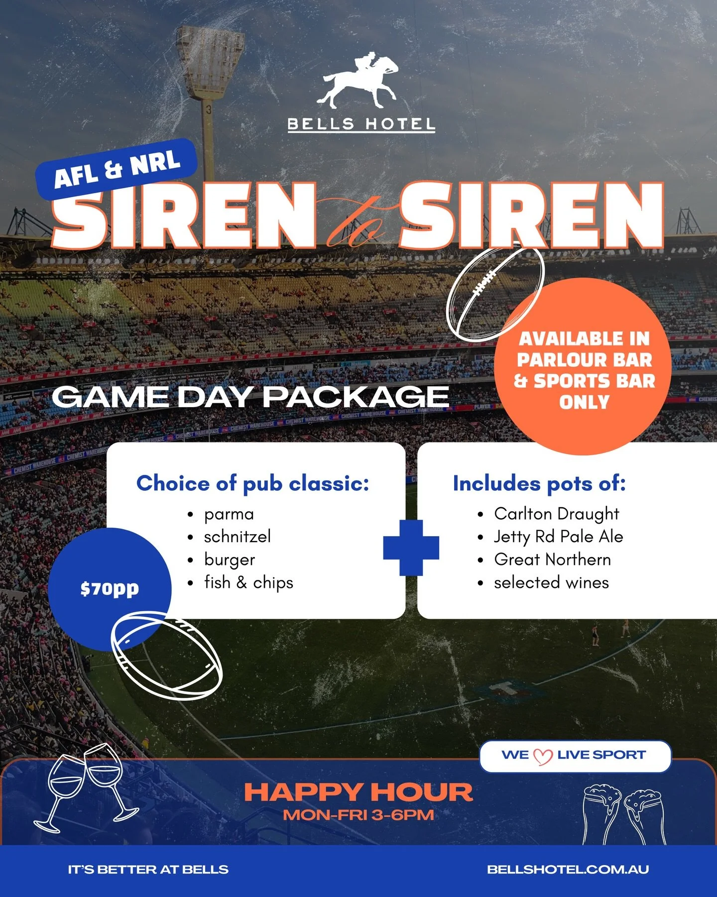 Game days just got an upgrade at Bells Hotel.

Introducing our new Siren to Siren Game Day Package, landing just in time for the AFL season opener this Thursday! Available for every AFL game and every NFL Melbourne Storm home game, this is the ultima