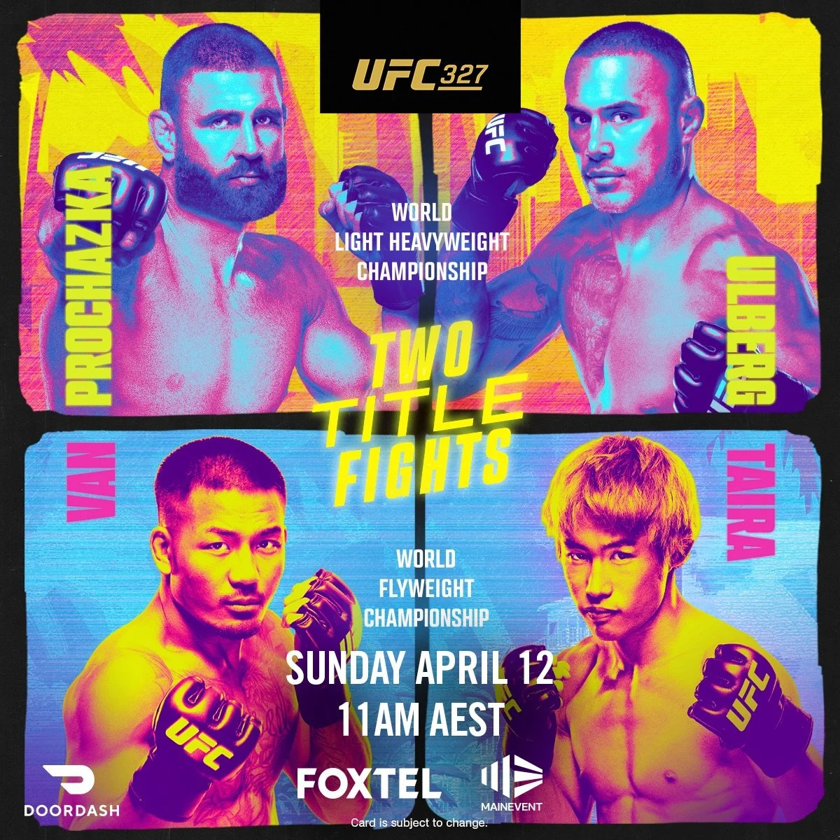 UFC 327 lands on Sunday 12 April with two huge title fights, and we&rsquo;re showing it live and loud at Bells Hotel.

Lock in the best seat in the house with our UFC Live &amp; Loud package, available for every UFC fight we show!

For $65 per person