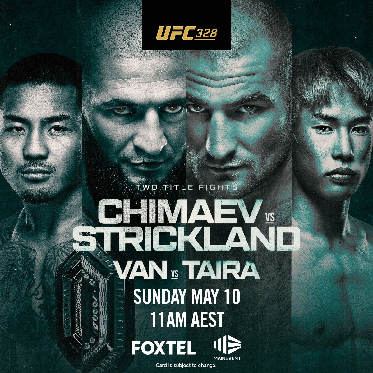 UFC 328 lands at Bells Hotel on Sunday 10 May - watch it live and loud with us!

The middleweight title is on the line as Khamzat Chimaev takes on Sean Strickland in a headline bout set to deliver. The flyweight division also steps into the spotlight