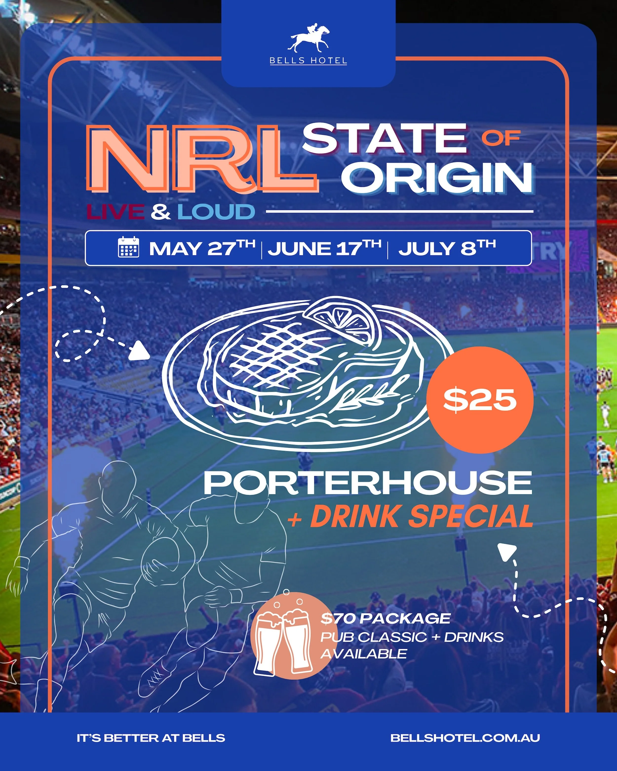 State of Origin is back and there&rsquo;s no better place to catch every hit, try and big moment than Bells Hotel.

We&rsquo;re showing all three games live and loud across our big screens on May 27, June 17 and July 8, with cold beers pouring and ga