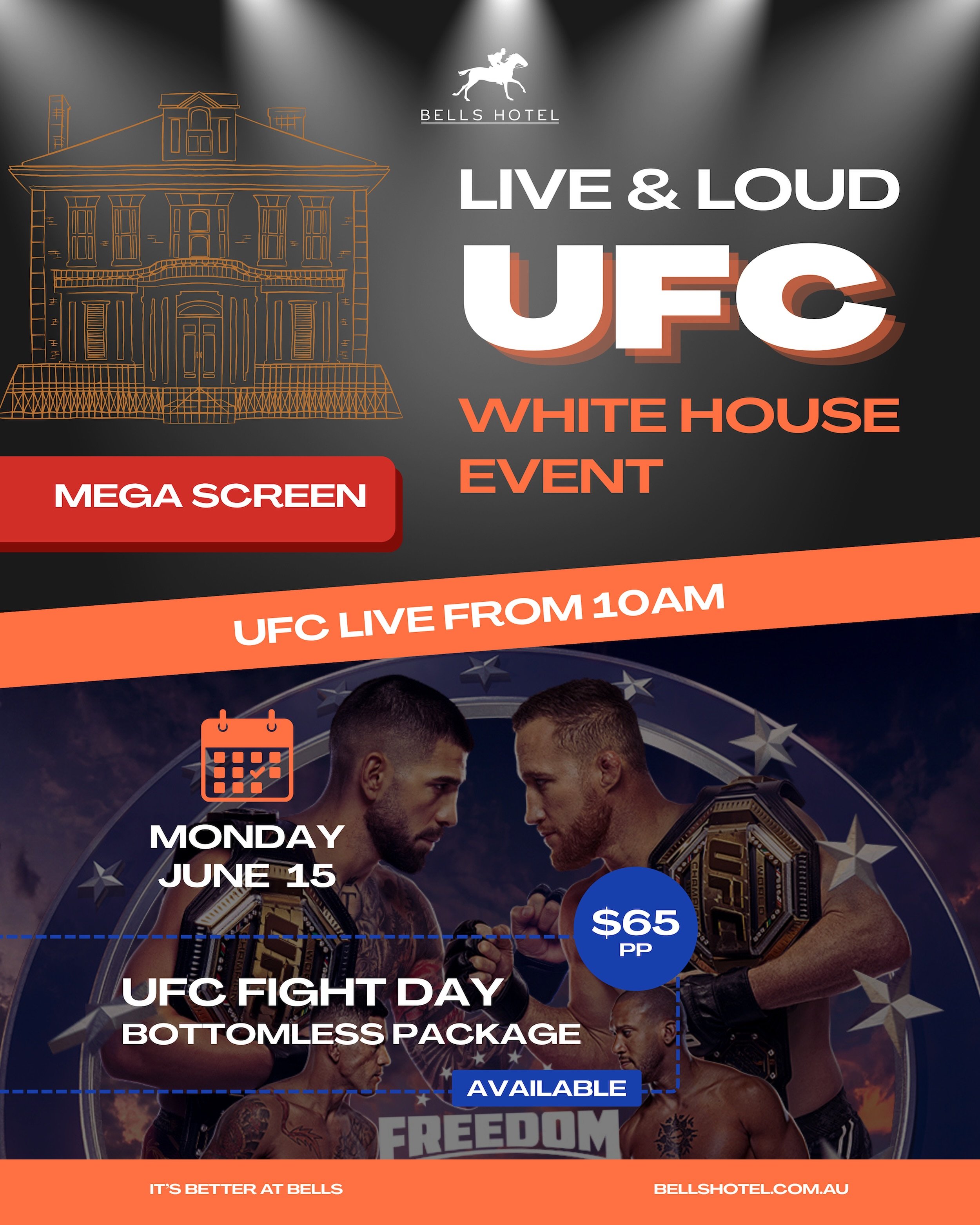 UFC Freedom 250 is set to be massive, and there&rsquo;s only one place to catch every hit, takedown and knockout - at Bells Hotel. Watch history in the making on Monday 15 June from 10am as the UFC takes over the&nbsp;South Lawn of the White House.

