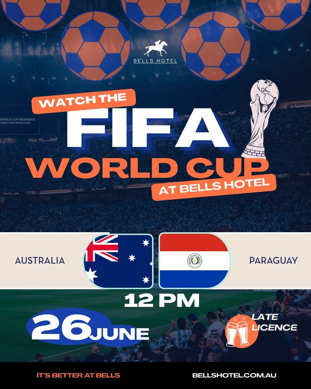 The Socceroos are back in action this Friday and we'll be showing every minute live and loud at Bells Hotel. Join us from 12pm as Australia takes on Paraguay in a crucial FIFA World Cup clash.

Order our $25 Express Lunch, featuring a selection of pu