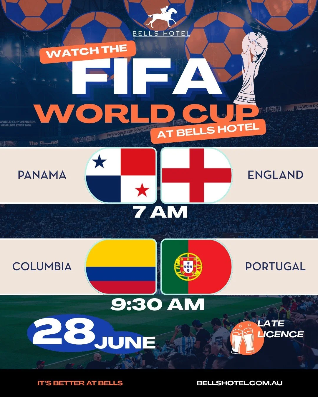 This Sunday at Bells, it&rsquo;s all about the World Cup. We're opening early so you can catch Panama v England live from 7am, followed by Colombia v Portugal at 9:30am.

Why not make a day of it? Grab a few drinks, stick around for our Sunday Roast 