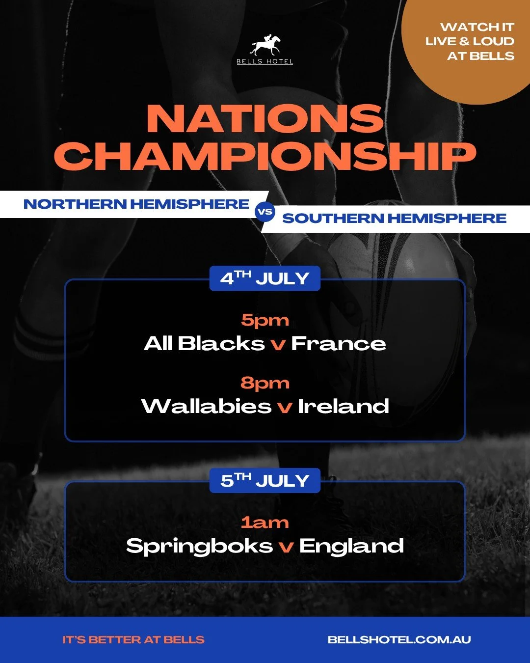 We&rsquo;ve got a massive weekend of international rugby coming up at Bells!

On Saturday, join us for All Blacks v France at 5pm, followed by Wallabies v Ireland at 8pm and Springboks v England at 1am on Sunday morning.�
We'll have every match live 
