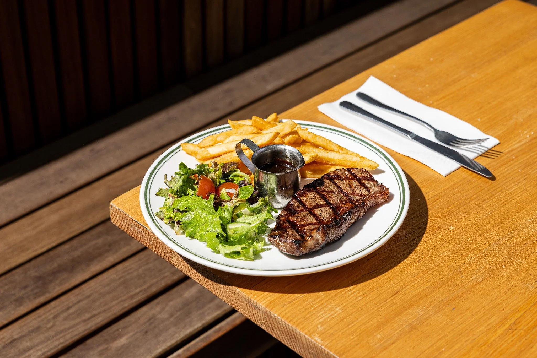 It&rsquo;s Wednesday... slide on in for steak.

Every Wednesday, all day long, we dish up our 250g Porterhouse with fries and salad, plus your choice of beer, wine or soft drink, for $25.

Lunch, dinner or somewhere in between - we&rsquo;ll see you a