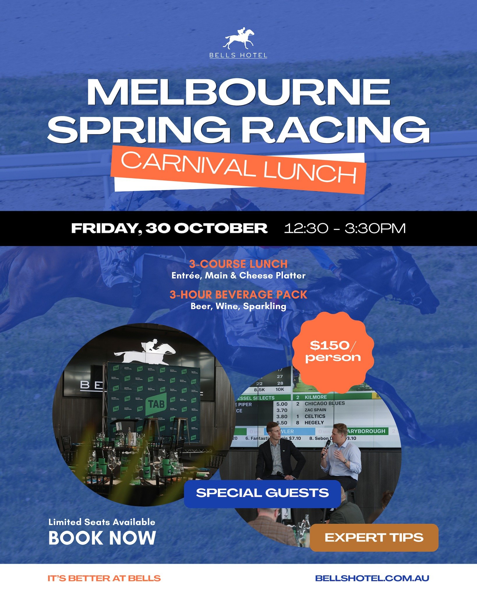 Spring Racing is almost here, and we&rsquo;re kicking things off with the return of our Spring Racing Carnival Lunch.

Join us on Friday 30 October for an afternoon of racing talk, good food and a few tips to take into Cup Week, with special guests s