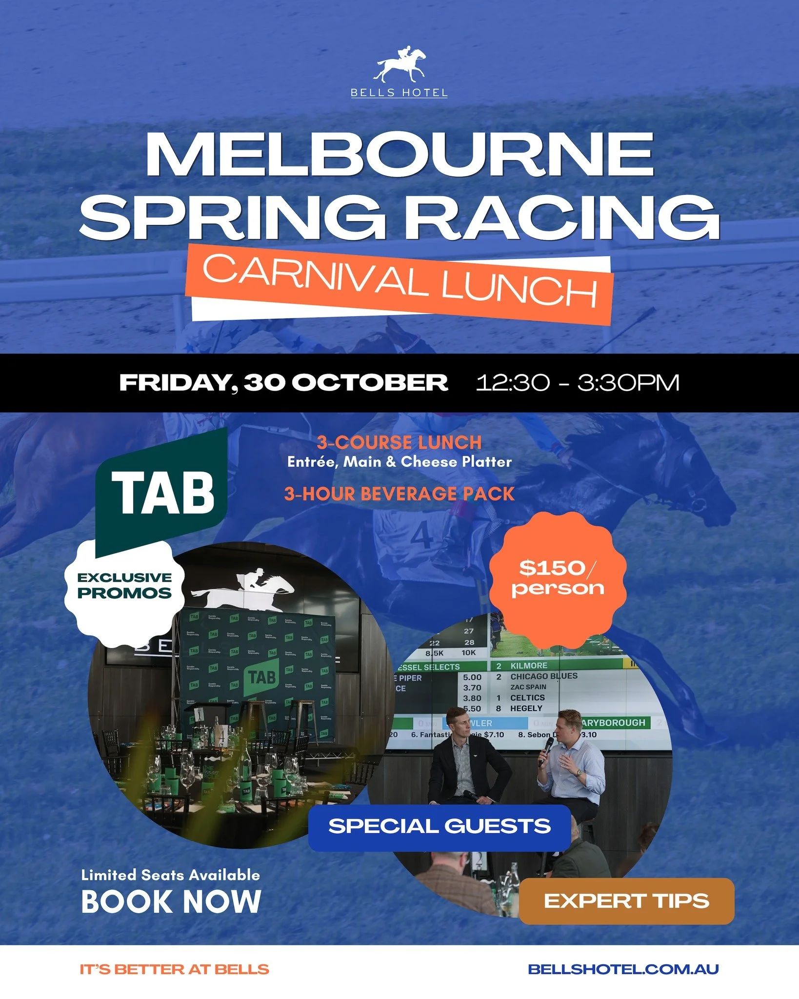 Spring Racing is almost here, and we&rsquo;re kicking things off with the return of our Spring Racing Carnival Lunch.

Join us on Friday 30 October for an afternoon of racing talk, good food and a few tips to take into Cup Week, with special guests s