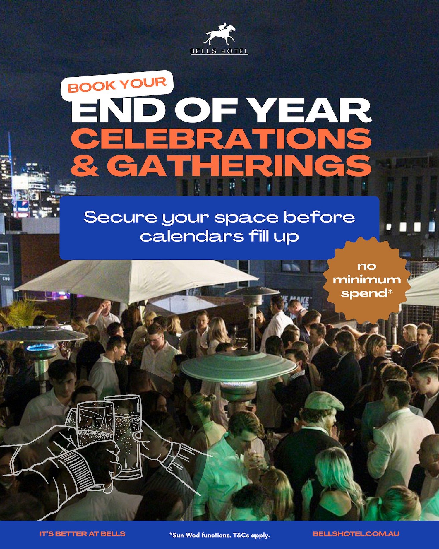 Planning your end-of-year function?

Whether you&rsquo;re organising an intimate gathering or a big celebration, Bells Hotel has plenty of spaces to bring everyone together.

And to make celebrating even easier, we're offering no minimum spend on fun