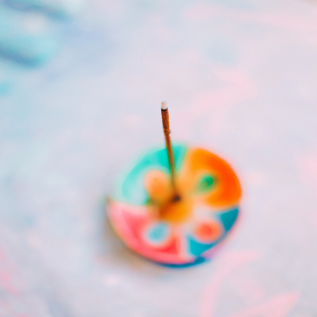 Colorful, round object resembling a painted rock with a central black stick, decorated with bright orange, blue, green, pink, and white patterns, placed on a white surface.