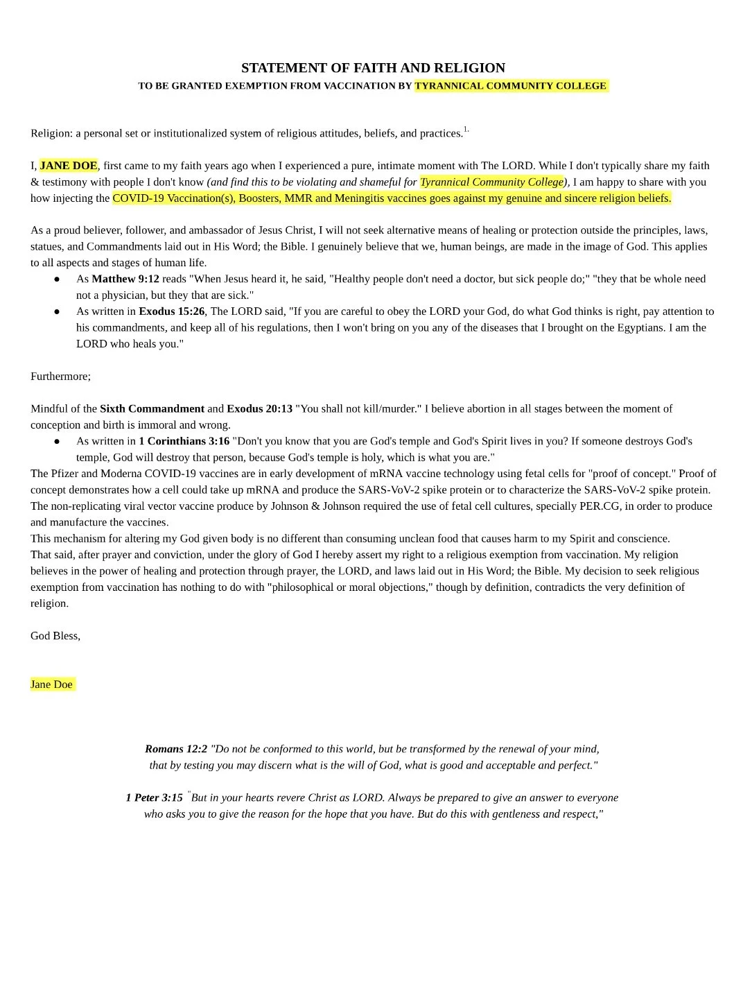 Vaccination Exemption Letter