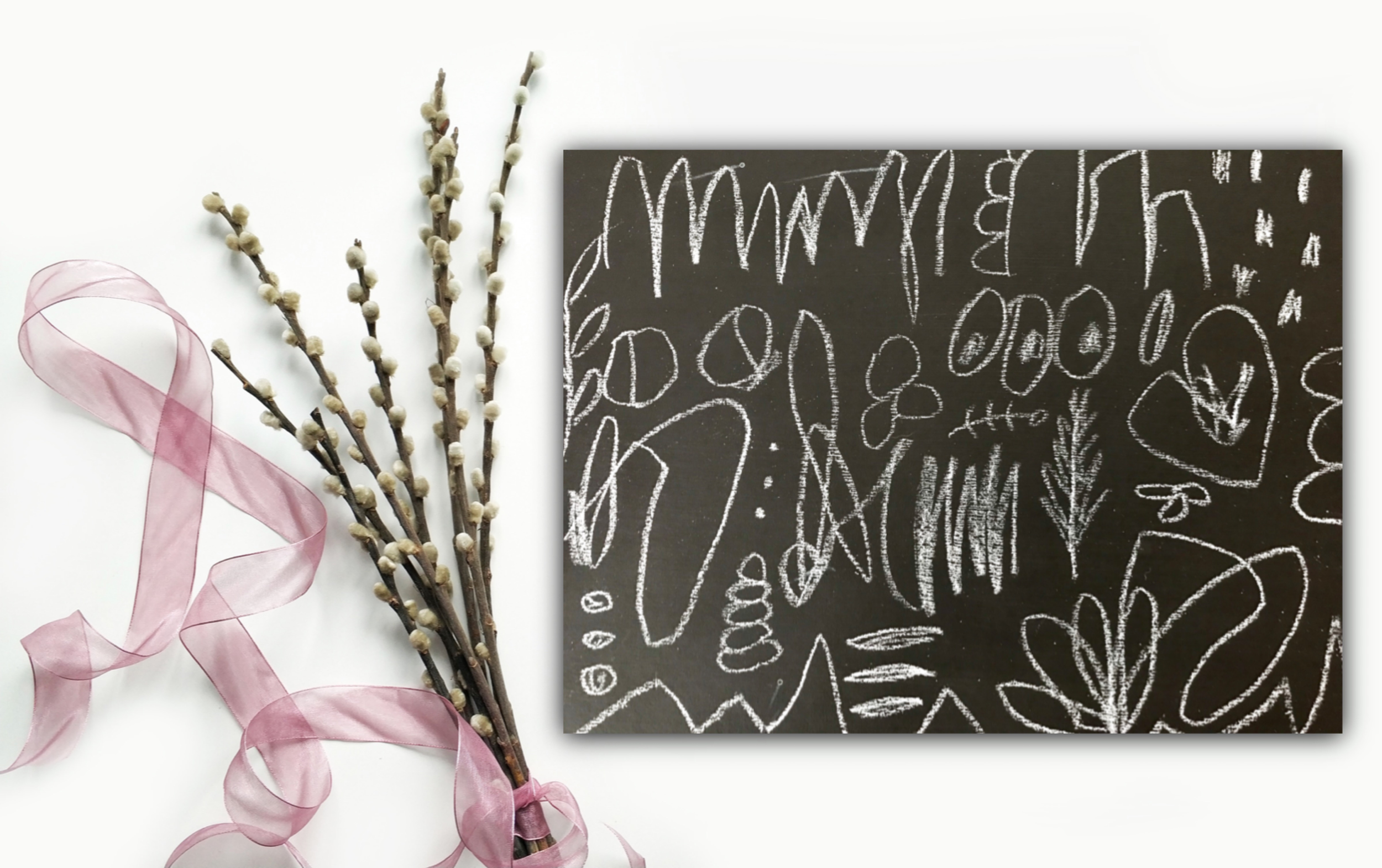 Loose, natural marks made in white china marker on black board.