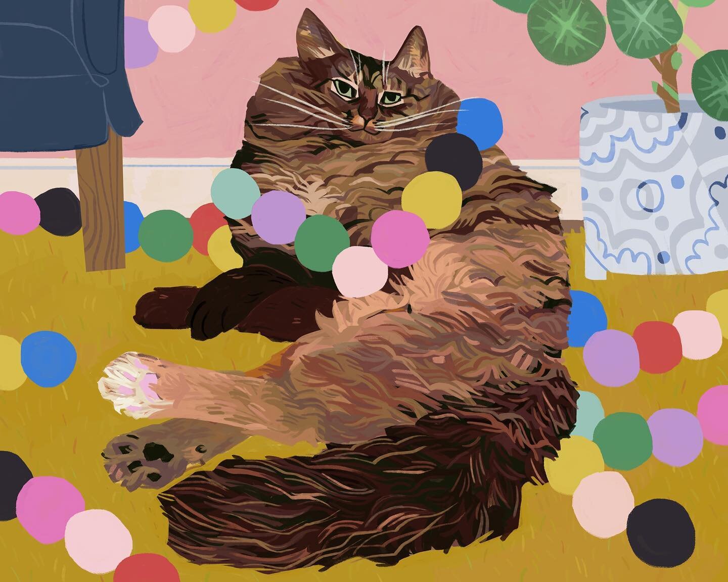 Pompon with pom-poms for Isabel 
🌞🎾👛🪩🔵🦚🌑🍅🌸
.
.
.
#illustration #petportrait #cat #portrait #digitalart #pompom #colorful
