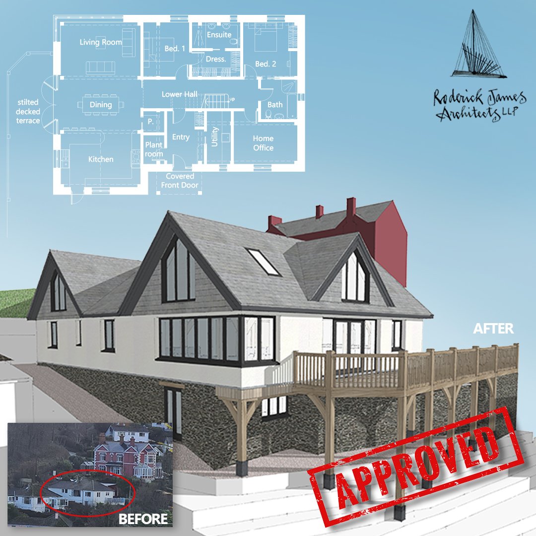 After months of negotiations, we are thrilled to receive planning approval for this replacement house on a steeply sloping site in Cornwall. Incorporating a complete green oak structural frame, this scheme makes the most of the tricky site and sea vi