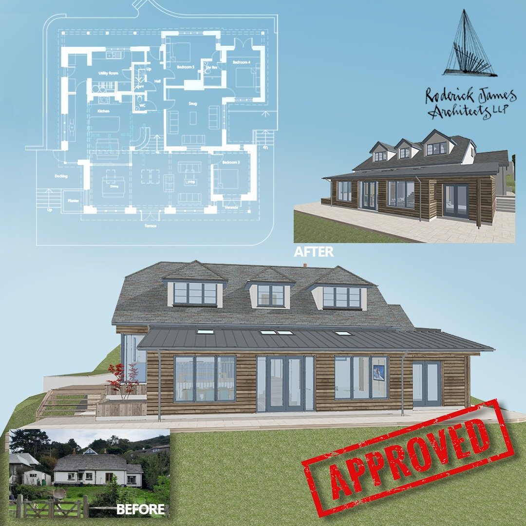APPROVED! Planning permission achieved for fantastic transformation of a traditional seaside bungalow in the South Hams. A new highly insulated roof structure creates additional bedroom space whilst a contemporary open-plan extension compliments the 