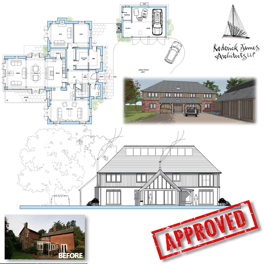 APPROVAL! Another successful planning approval, the replacement of an existing farmhouse. with the oak frame barn room being central to the scheme.  Our clients have a young family and are returning to Suffolk to help with the farm. #farmhousestyle #