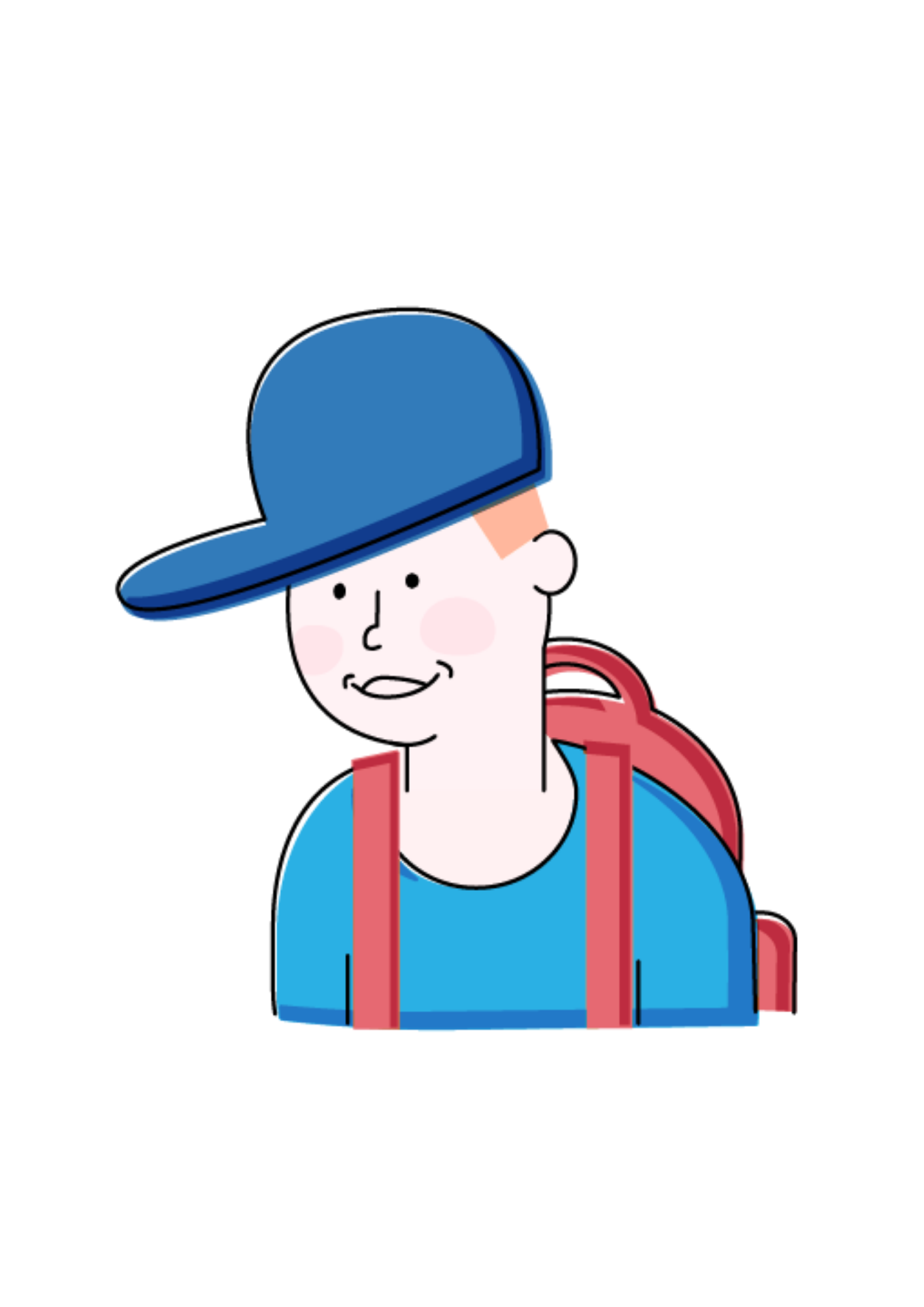 Grafik: Kind mit blauer Schildkappe. Roter Rucksack und blauer Pullover.