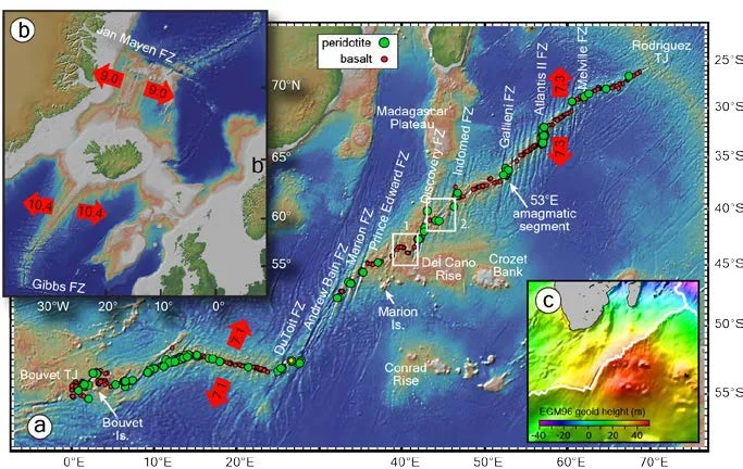 A. South West Indian Ridge with basalt (red) and peridotite (green) sample locations modified from Zhou & Dick (Zhou & Dick, 2013. b. Icelandic Rise plotted at the same scale for reference. C. Southern Oceans Geoid high (courtesy of M. Behn. Right hand white box (2) shows the location of the focus site on the Marion Platform.