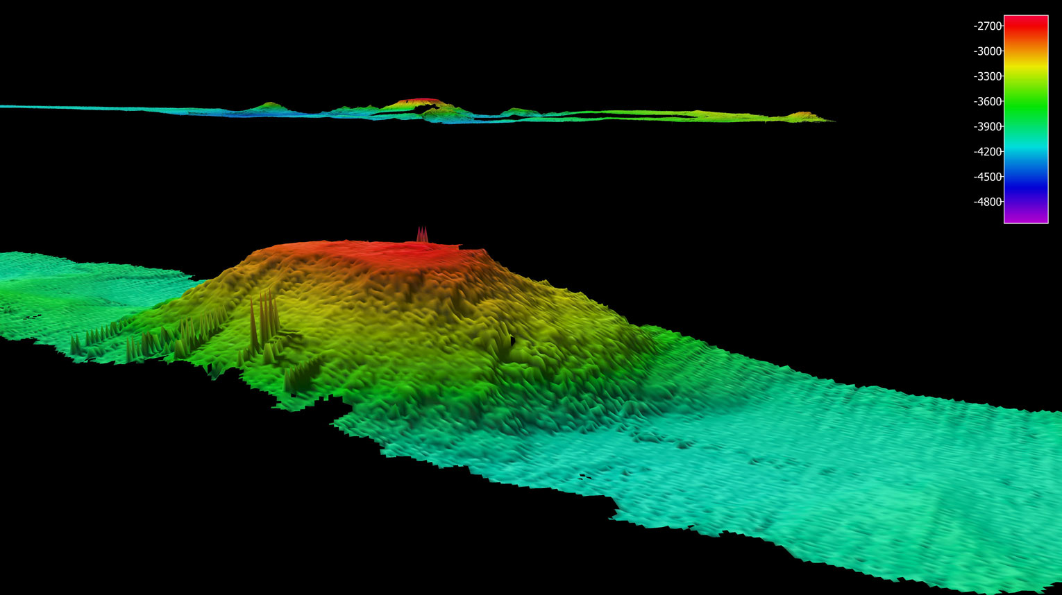 Another guyot. In the distance the guyot we traversed earlier this week, can be seen 140 km away from this one which we crossed yesterday, This one is about 16 km across and forms part of a NNE trending seamount chain visible in the satellite bathymetry.