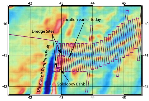 Our location earlier today (red star). We’ve completed all of the multi beam lines to the west of the “star” and the horizontal ship tracks show where we went dredging. The “topography” is from satellite derived gravity.