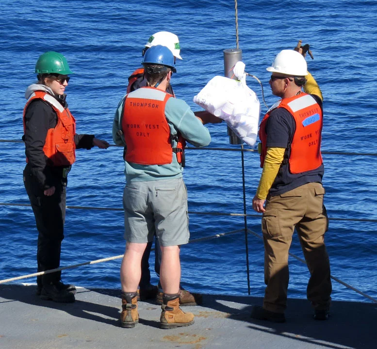 The bag of unshrunken cups being attached to the pinger on the dredge wire