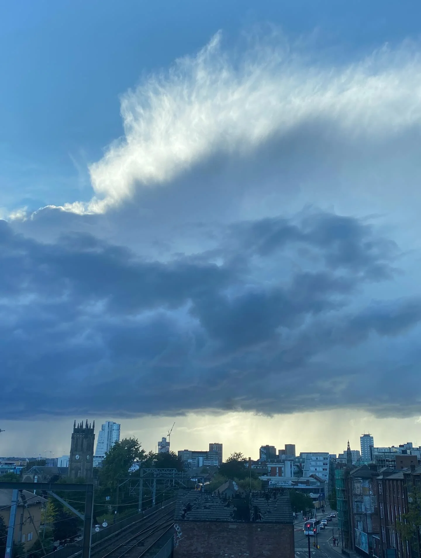 A moody photo of the sky line from the studio yesterday evening. Turns out it was a warning of the brief, but heavy, downpour 20 minutes later. #leedsskyline #troubleahead #streetsaheadleeds