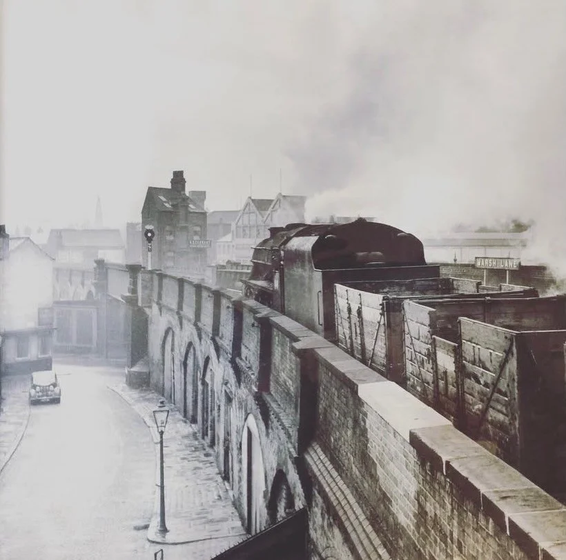 Coming down the track. A steam train photographed in the early 50&rsquo;s showing @yorkst_studios in the background as the train passes through the old Marsh Lane station. This photo was shown to me by Sheila Hullah, who used to be the landlady of th