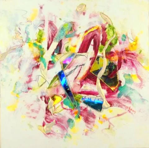 Blasted Peony, 10 by 10, mixed media on cradled board.