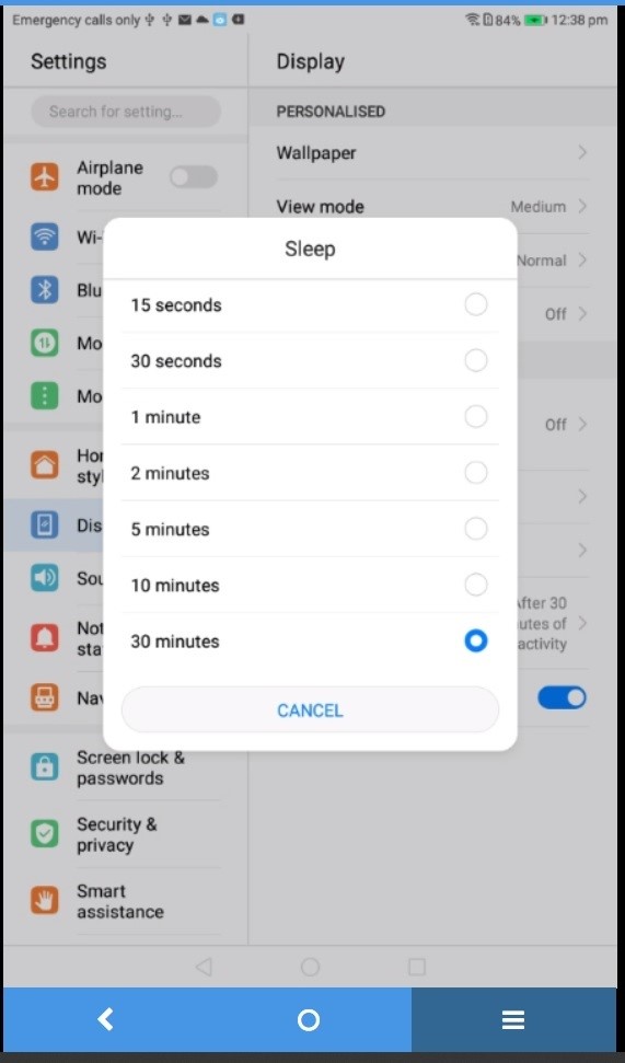 Typical Android screen sleep options