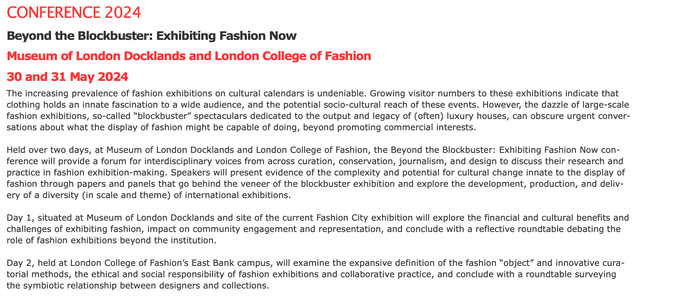 'Beyond the Blockbuster: Exhibiting Fashion Now' Conference 2024