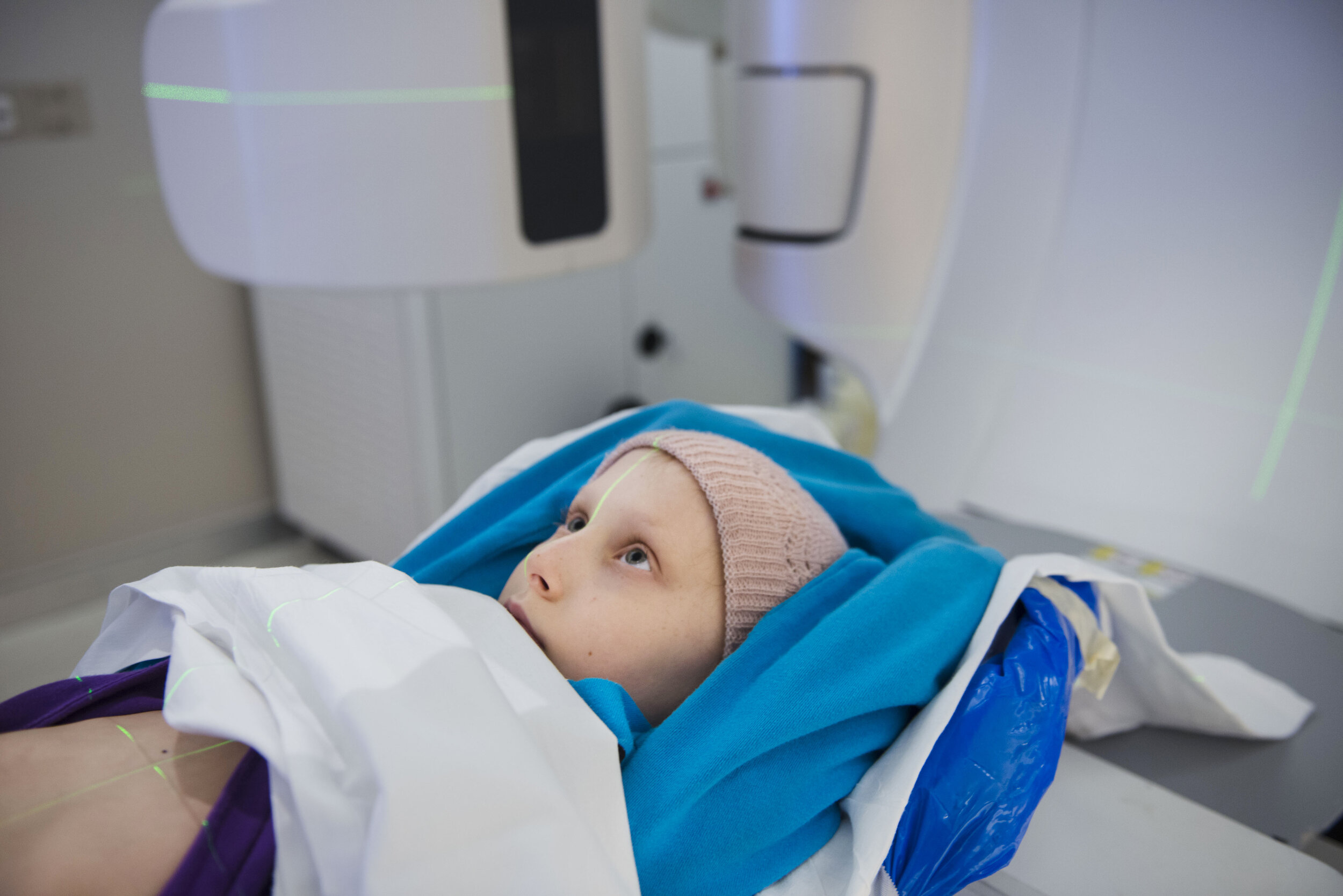  Peyton Walton, 10, has her position aligned in preparation for radiation treatment at the Memorial Sloan Kettering Cancer Center on Monday, November 16, 2015 in New York City, NY.  