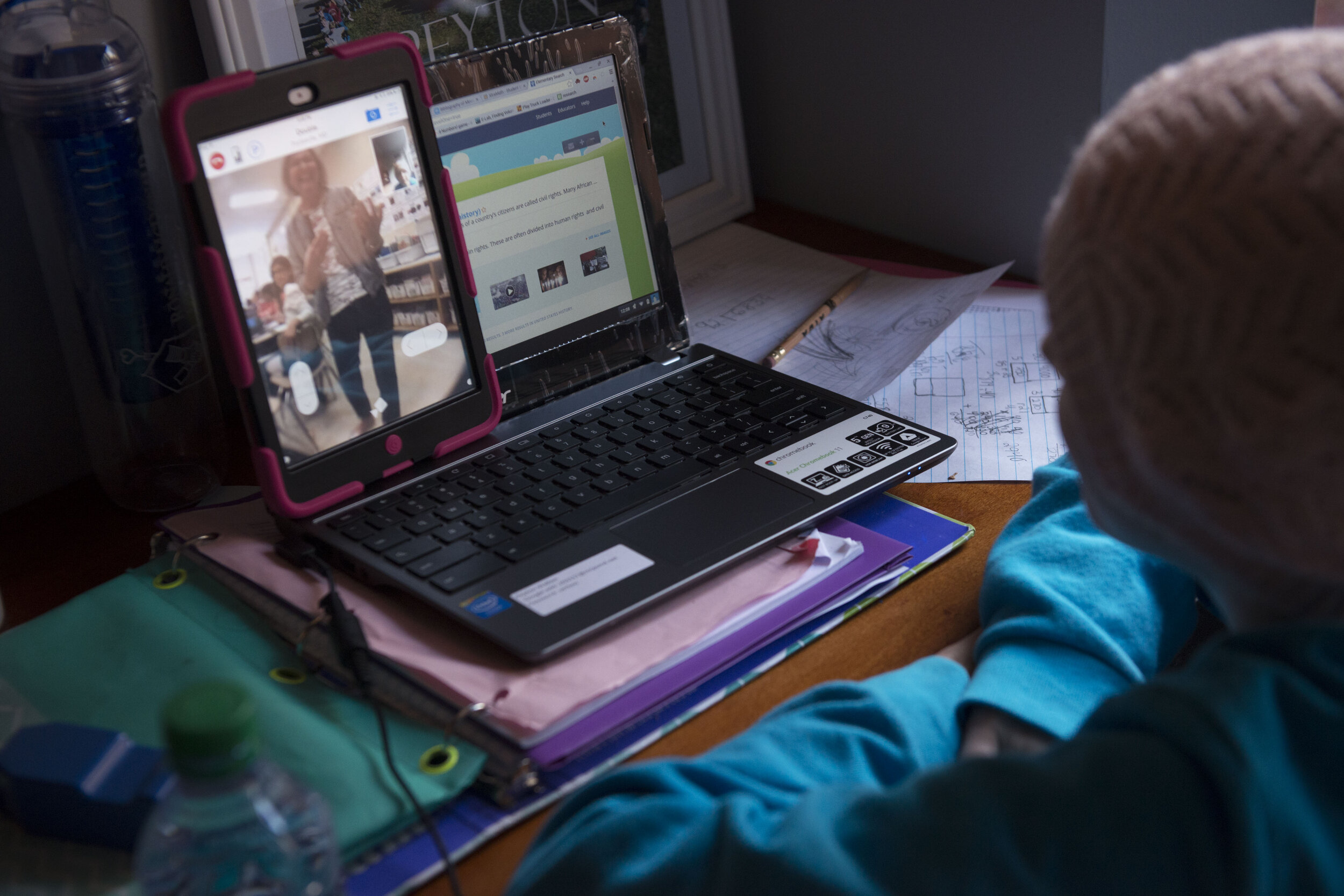  Peyton interacts with her teacher at Poolesville Elementary while attending class remotely from New York. 