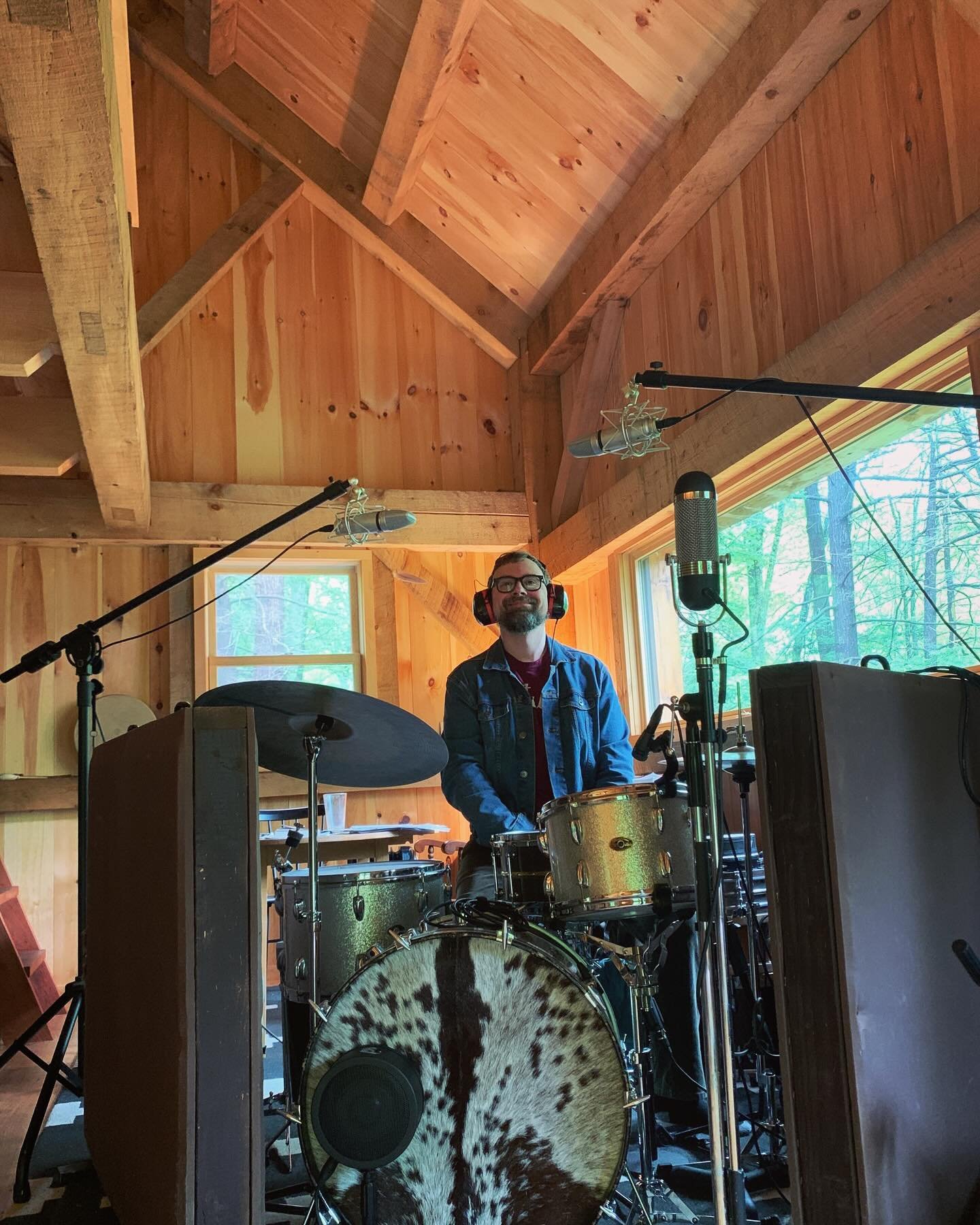 Set up for a remote session today at my new home away from home, Timberframe Studio in Phoenicia, NY. I LOVE recording! 🎙️🥁🪘🎶