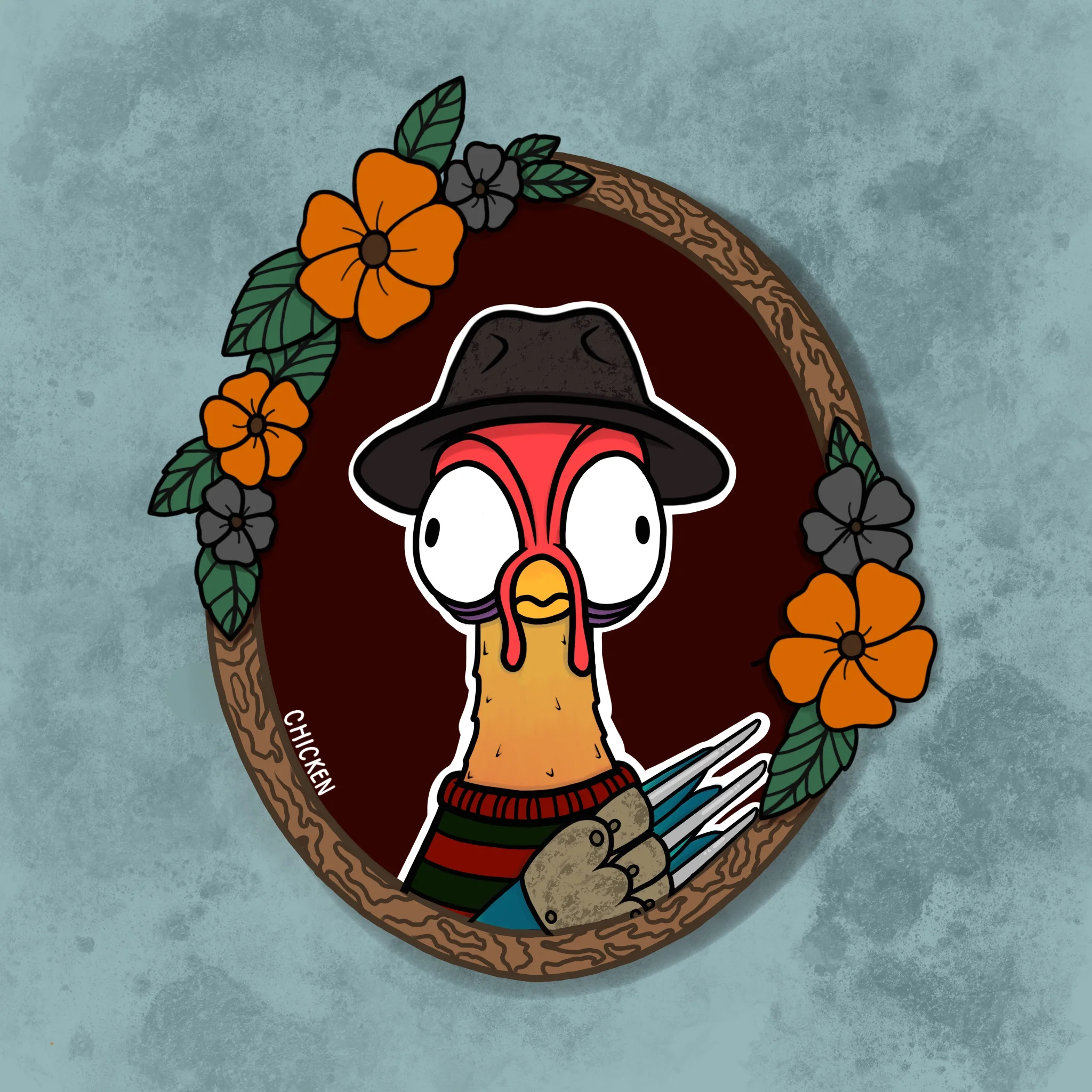 HeiHei from Moana dressed as Freddy Krueger for Halloween