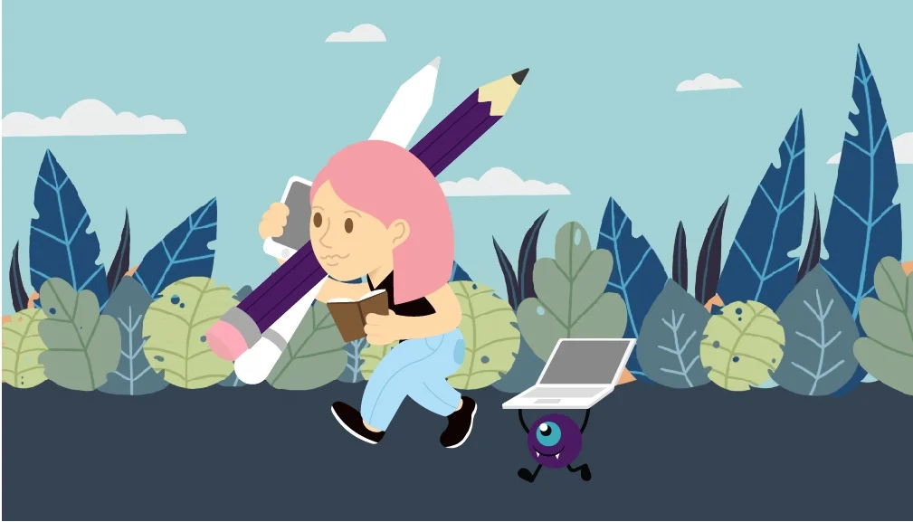 It’s Alé! She is carrying everything she needs and alongside her is the little monster that accompanies Alé on her creative journey.