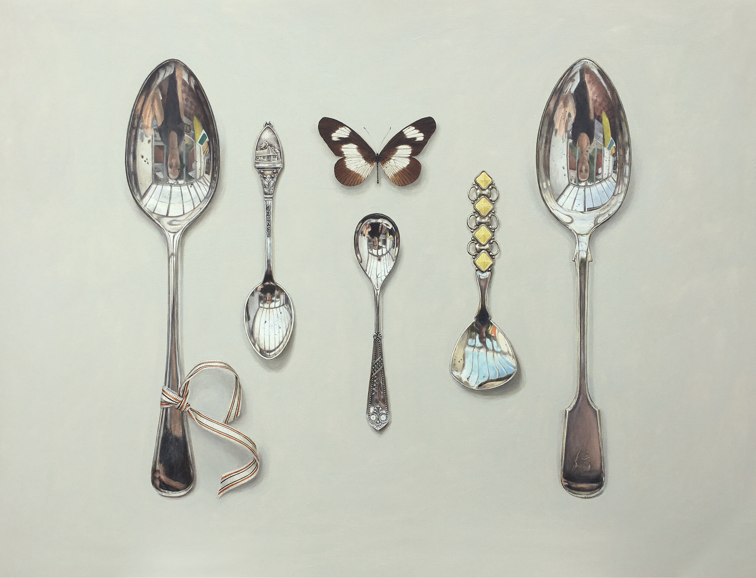   collected spoons with striped ribbon and butterfly   acrylic on panel 61x80cm  2020 