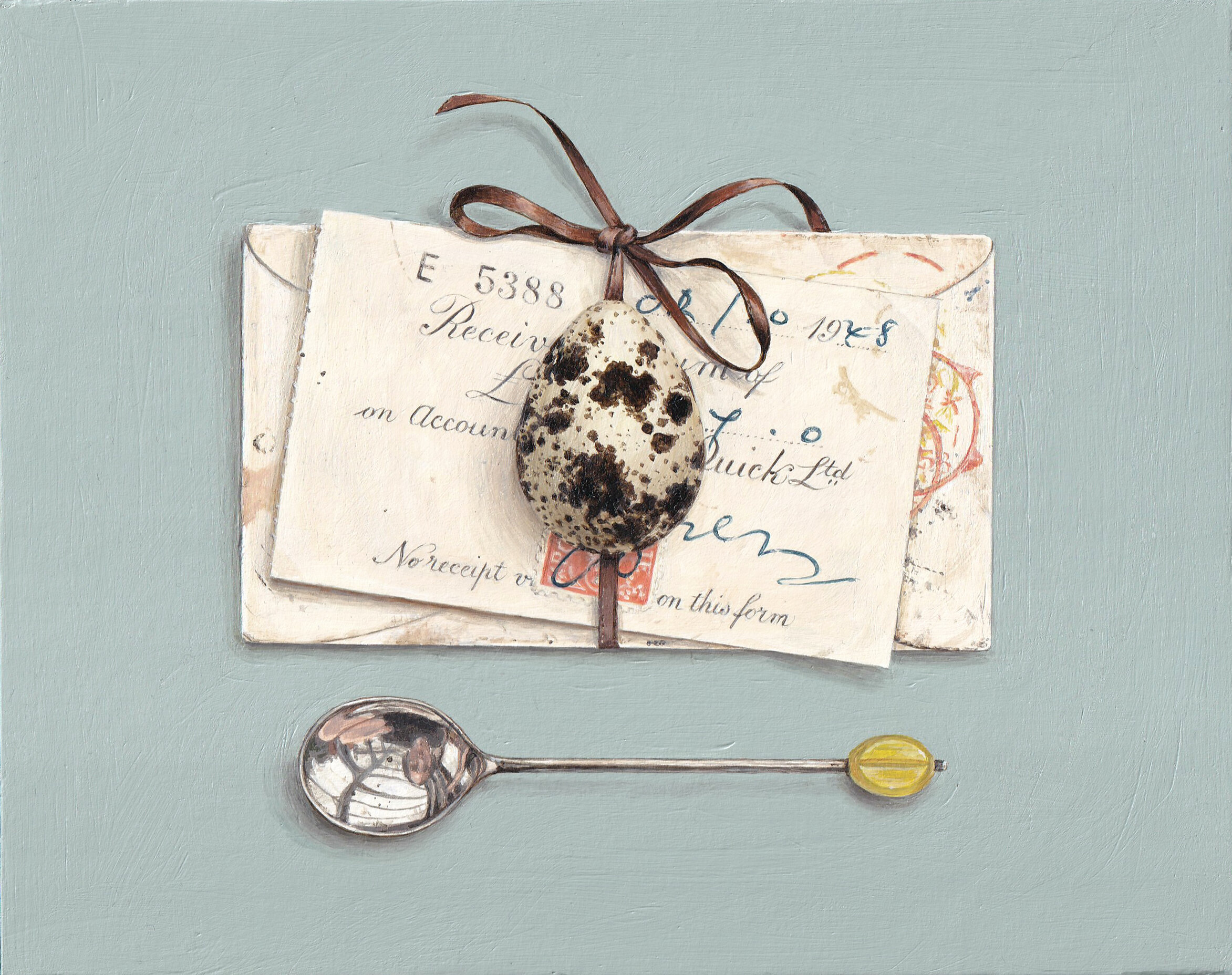   receipt with quail’s egg and ribbon   acrylic on board 16x20cm  2020 