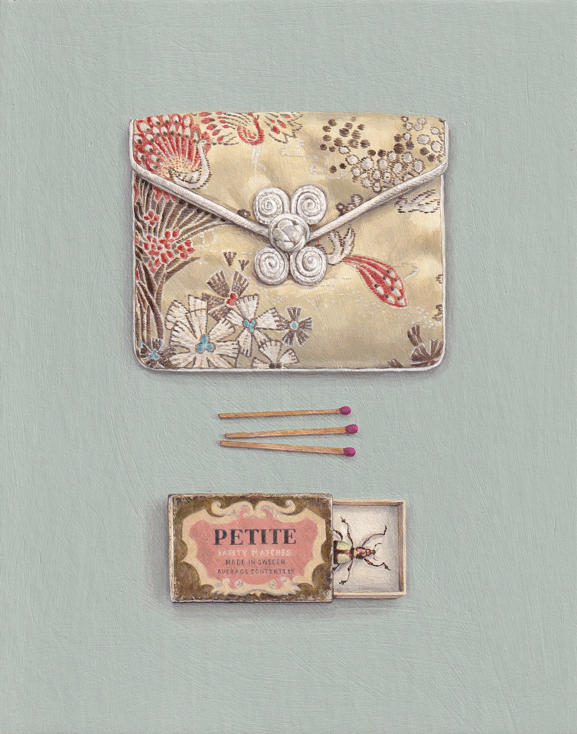 silk purse with matchbox and beetle 