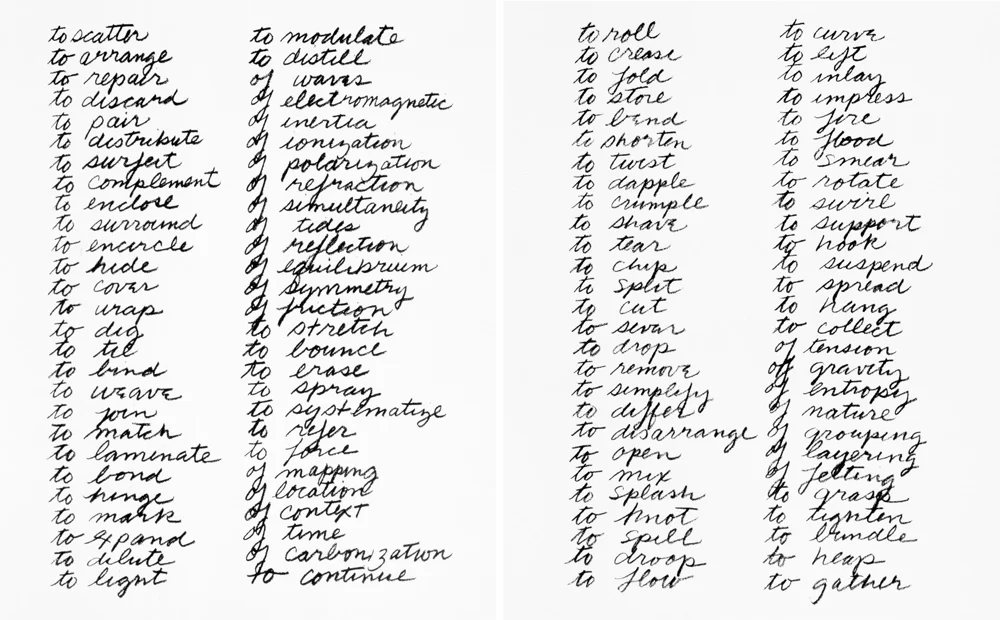 Verb List: pencil on two sheets of paper; 10 x 8 1/2" (25.4 x 21.6 cm) (each) Credit: Gift of the artist in honor of Wynn Kramarsky. MOMA Object number 843.2011.a-b. Copyright © 2019 Richard Serra / Artists Rights Society (ARS), New York